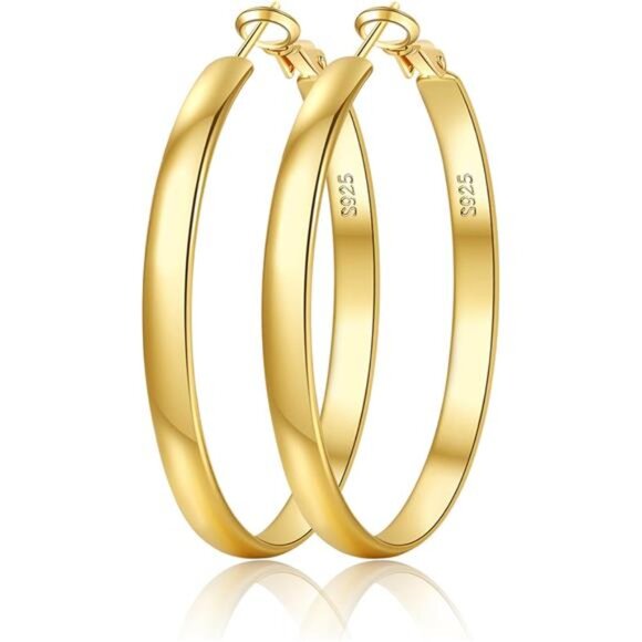 5mm Wide Gold Hoop Earrings for Women,Sterling Silver Hoop Earrings Large Hoop - Picture 1 of 7